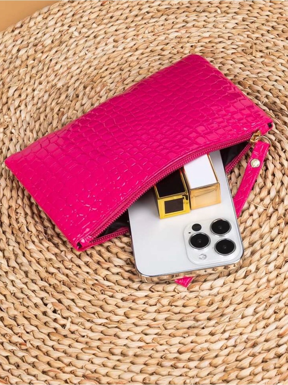Hot Pink Croc-Embossed Wristlet Clutch/Wallet Purse